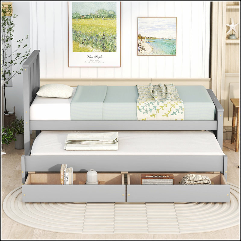Stylish Platform Bed With Trundle And Drawers, Perfect For Guest Rooms And Space-Saving Solutions, Gray