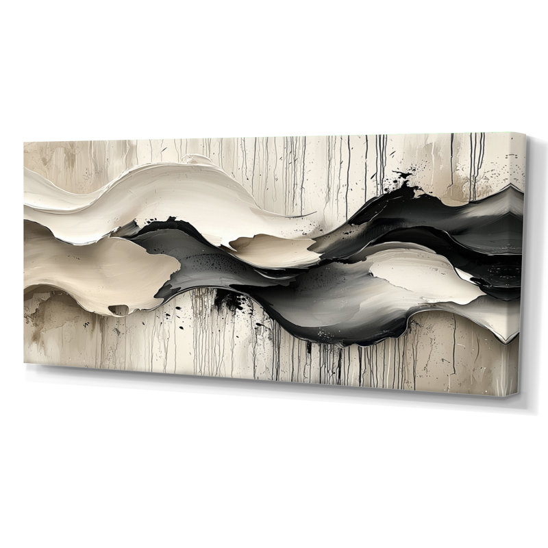 Gris sur fond blanc l'encre rythmique de la rivière Ink II - vagues modernes abstraites, Toile tendue, H 28 po x l 60 po