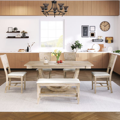 Modern 6 Solid Wood Dining , Rectangular Table, Padded Chairs And Bench, Half Round Legs Arched Backrests Backs