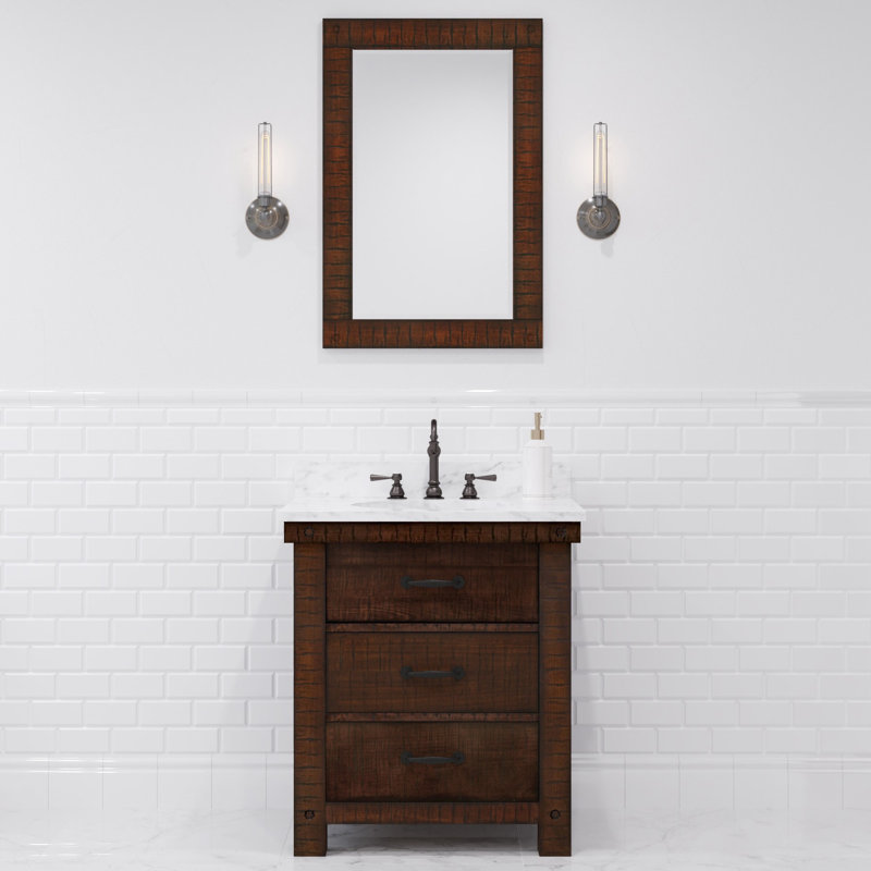 Aberdeen 30 In. Single Sink Blue Limestone Countertop Vanity In Rustic Sienna With Mirror, Carrara White, Rostic Sienna