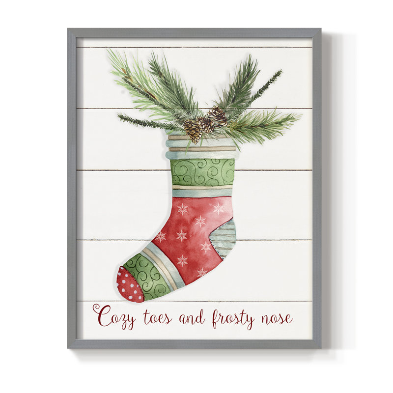 Comfy Cozy Stocking I, reproduction encadrée - bois massif, H 11 po x l 9 po, Gris