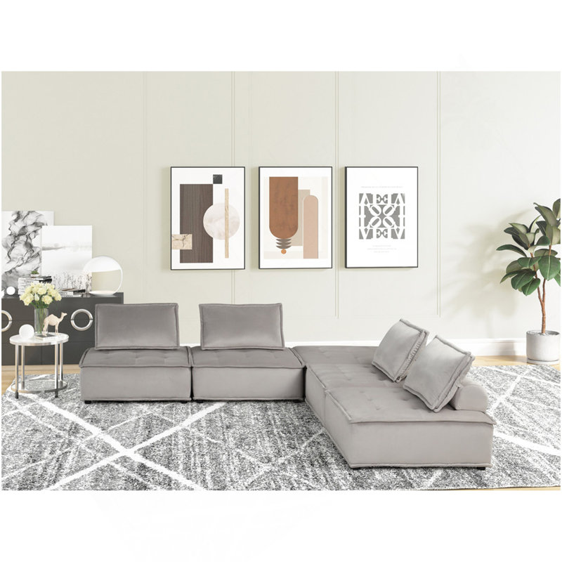 Canapé modulaire en velours gris clair 5 pièces Aveline, 29 po H x 120 po L x 80 po P, 5, Gris clair
