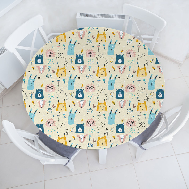 Jungle Cartoon Fitted Round Tablecloth Cream Multicolor, 51.97" Round