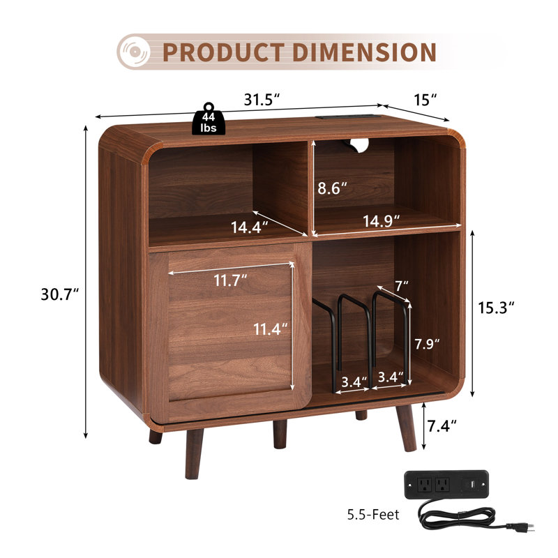 Support pour tourne-disque 31,5 "avec rangement en vinyle, armoire de rangement pour disques Mid-Century avec station de charge, support pour table tournante pour salon, coin musical, noyer