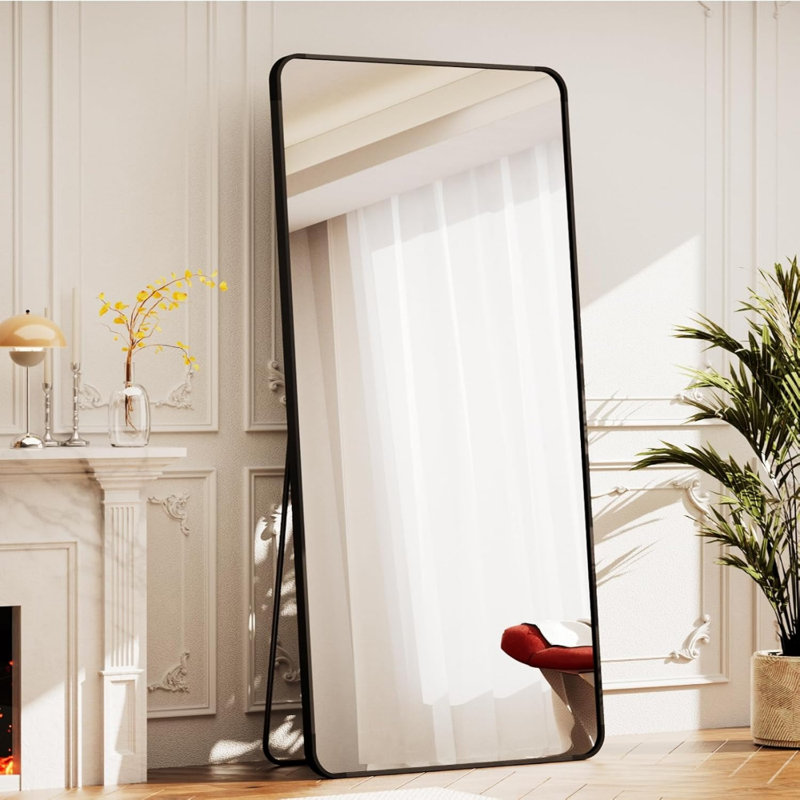 71"X26" Full Length Mirror With Rounded Corners, Standing, Hanging, Or Leaning Floor Mirror For Bedroom, Dressing Room, Or Living Room, Aluminum Alloy Frame, Shatterproof HD Glass, Black