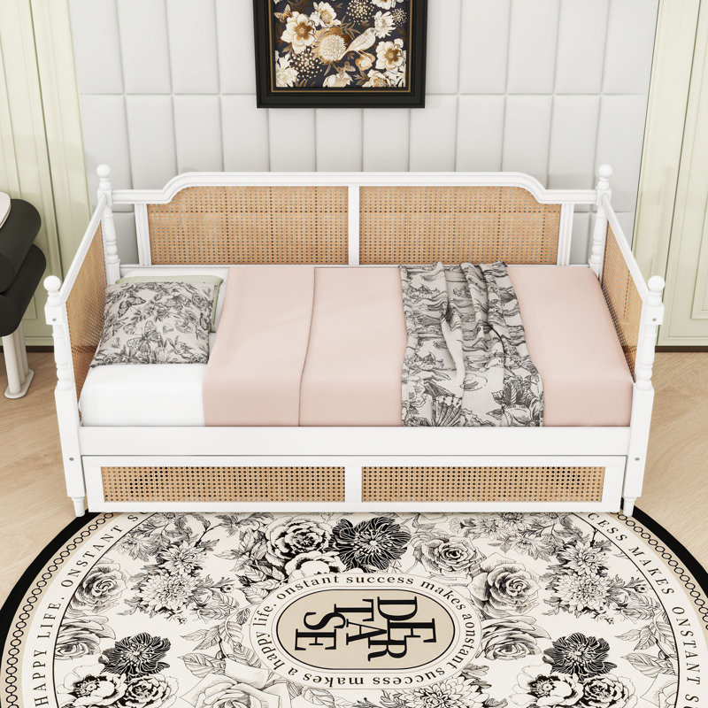 Rattan Wooden Daybed with Twin Trundle, Twin, Antique White