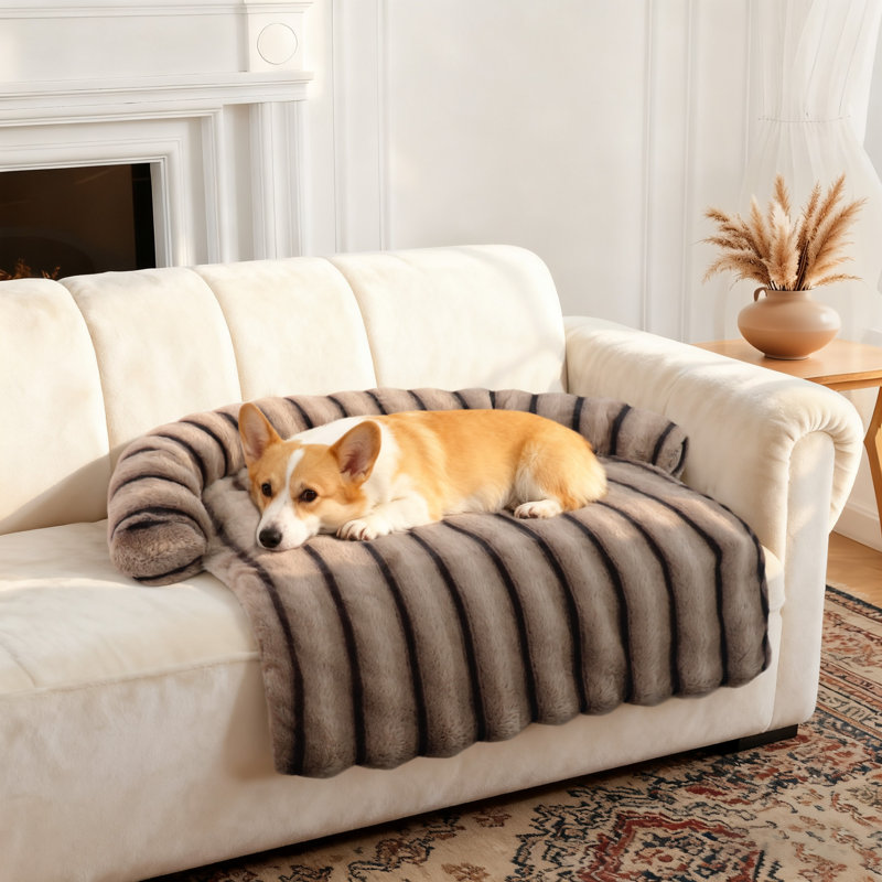 Cuddly Striped Couch For Pets - Protector Dog Bed, Faux Fur Couch Cover Dog Sleeping Mat, Medium (5" H x 35" W x 31" D)