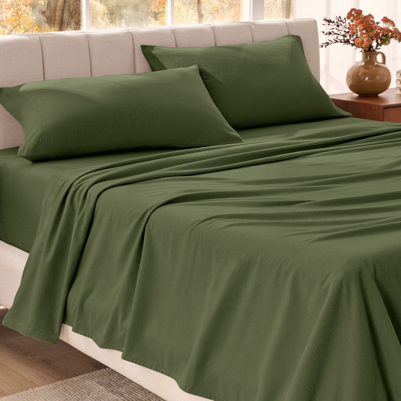 Organic 100% Cotton Flannel Sheet Set, Queen Sheet Set with 2 Pillowcases, Cypress