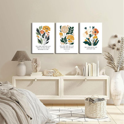 3Pcs Framed Bible Blessing Canvas Wall Art Christian Wall Decor Pictures Botanical Flowers Posters Prints The Lord Bless Youand And Giveyou Peace Paintings For Living Room Bedroom Church Decoration
