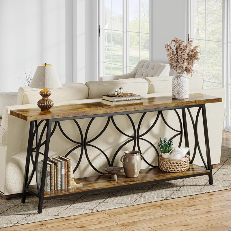 Table de canapé 70,9 pouces, console étroite à 2 niveaux avec rangement pour le salon, le vestibule, le couloir, le Foryer, motif géométrique (brun rustique)
