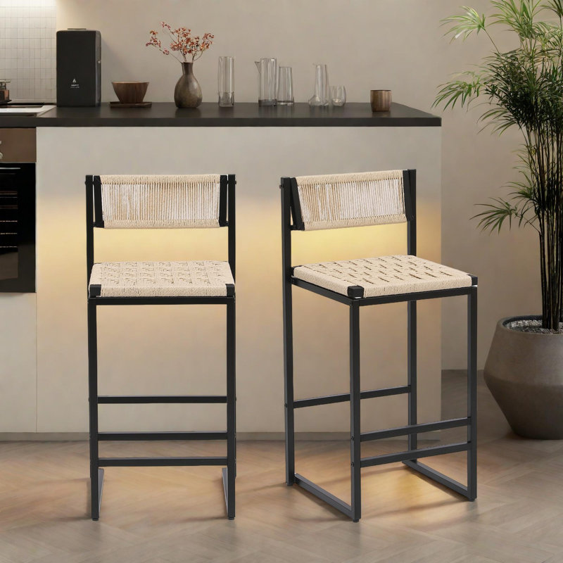 Ensemble de 2 tabourets de bar en corde de papier tissés à la main avec dossier, repose-pieds et structure en métal