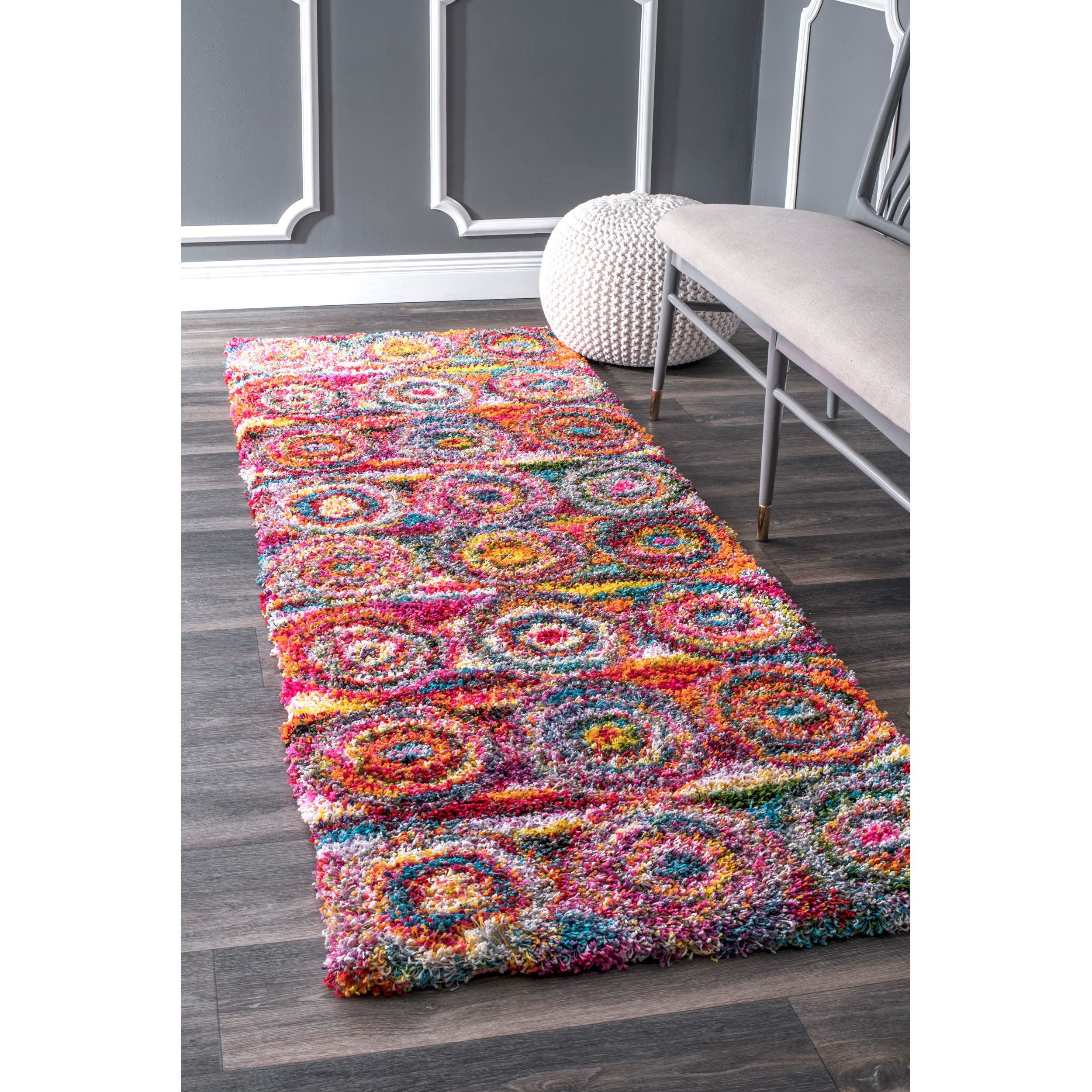 Latitude Run® Verduzco Bohemian Circles Pink/Yellow/Multi Shag Rug & Reviews | Wayfair