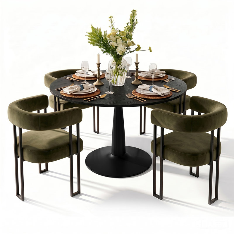 4 - Person Dining Table Sets With Round Table & 4 Upholstered Velvet Chairs, Green