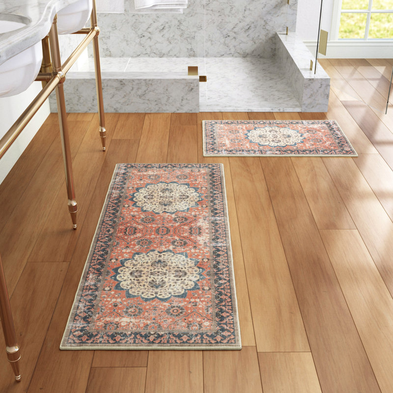 Blue Floral Rectangular Synthetic Washable Area Rug 50" x 20"