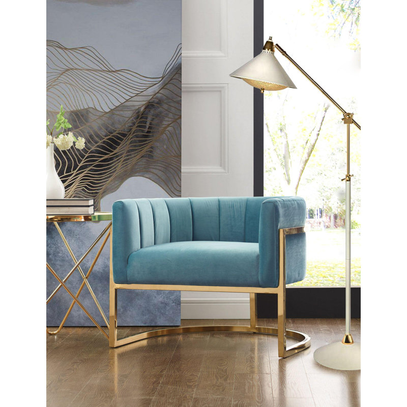 Velvet Barrel Chair, Sea Blue Velvet, Silver
