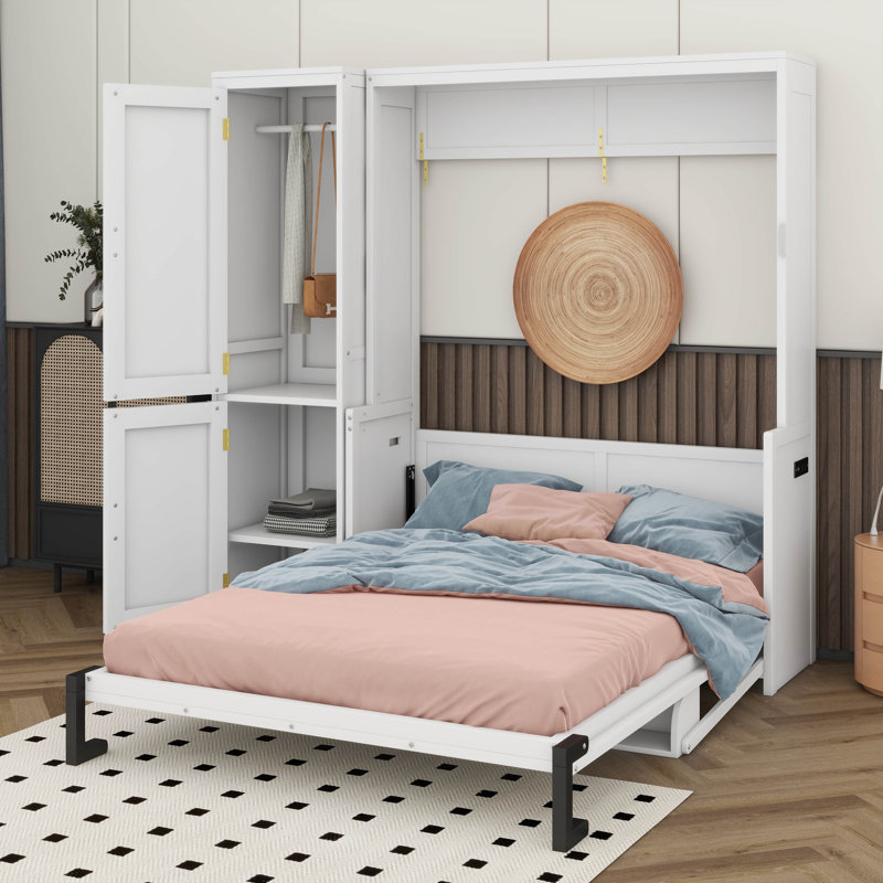 Grand lit escamotable avec garde-robe et bureau, armoire murale pliable en bois avec vérins à gaz, station de charge