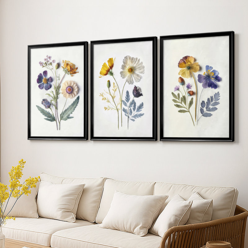 Pressed Flower Memories I - Toile tendue avec châssis sur mesure - 3 pièces, Noir, H 21 po x l 30 po