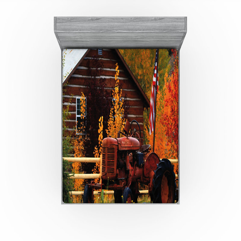 Ambesonne Fall Fitted Sheet 2-Pack Rustic Cabin with Tractor Multicolor