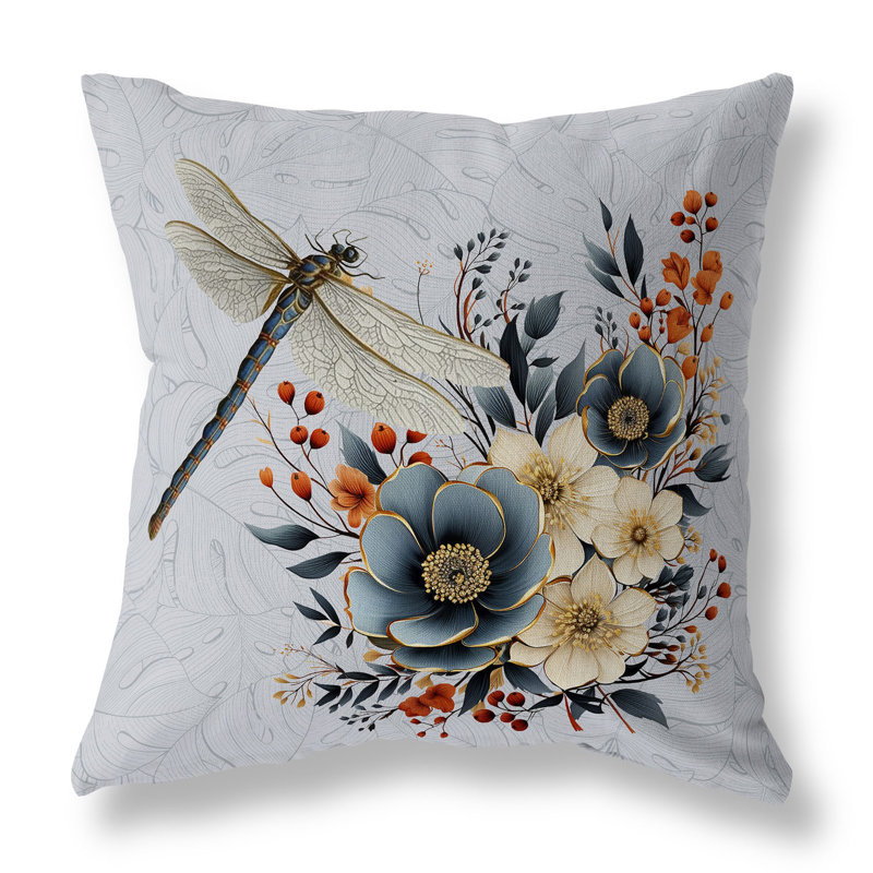 Coussin décoratif intérieur / extérieur Dragonfly Haven, Bleu / Orange / Gris, H 18 po x l 18 po