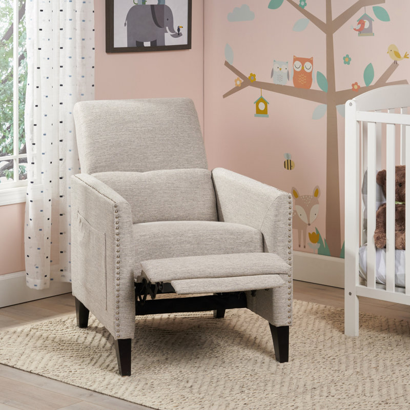 Pushback Recliner Chair With Side Pocket, Fabric Armchair Push Back Recliner With Rivet Decoration, Mid Century Accent Chair For Living Room, Bedroom
