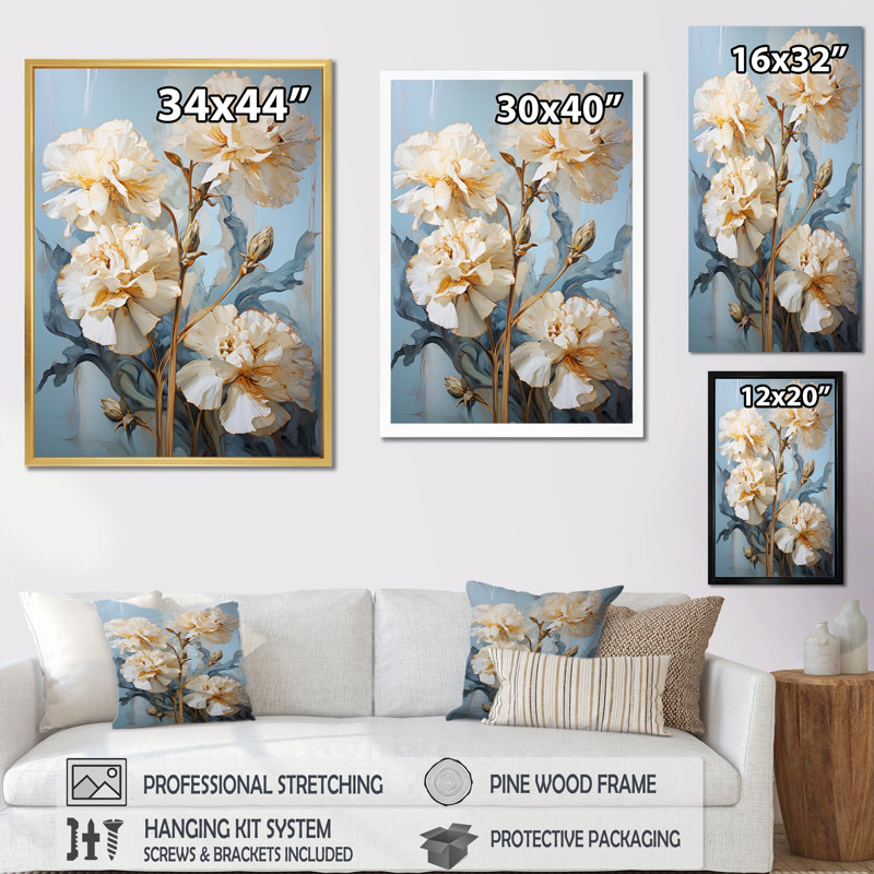 Œillets beiges sur bleu V sur toile, H 32 po x l 24 po x P 1 po, Toile tendue