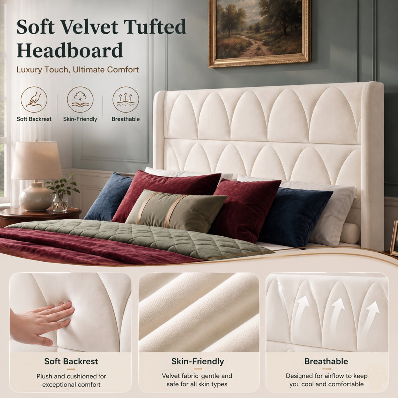 Modern Elegant Upholstered Bed, Cream, Queen