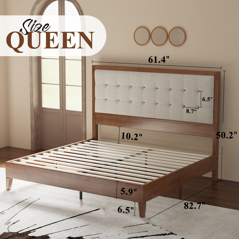 Walnut Queen Wood Platform Bed with Tufted Linen Headboard