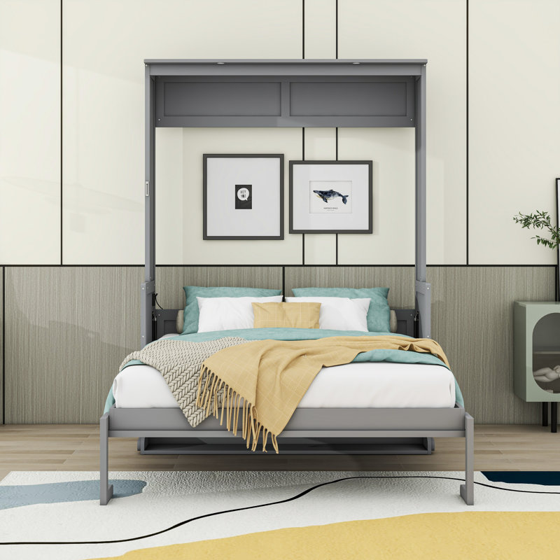 Grand lit escamotable en bois avec lumières DEL et station de charge USB, gris