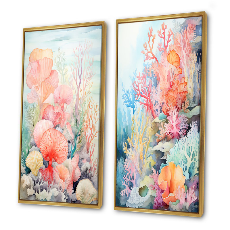 Aquarelle corail pastel - Ensemble de 2 décorations murales corail sous l'eau, Cadre flottant doré, H 40 po x l 41 po