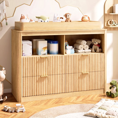 Table à langer cannelée avec 4 tiroirs et espace de rangement ouvert, tables à langer en bois à conception amovible pour chambre de bébé