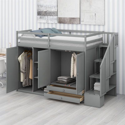 Lit mezzanine avec tablettes, armoires et tiroirs