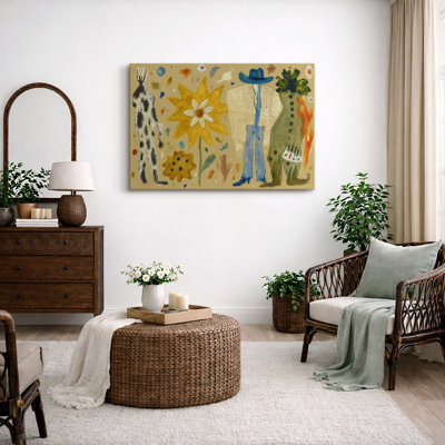 Folk Art Figures and Floral Artwork, Living Room Pictures, Framed Canvas Giclee Print Wall Art