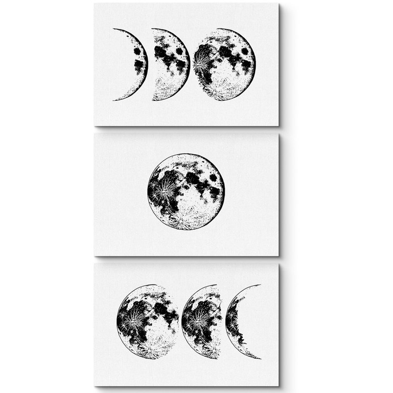 "Lune noire et blanche abstraite", 3 pièces, Toile tendue, H 16 po x l 24 po