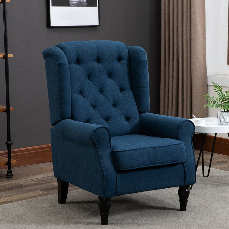 Chaise rembourrée épaisse avec capitonnage à losanges - Accents de tissu bleu, pieds en bois massif, rembourrage, pour diverses pièces
