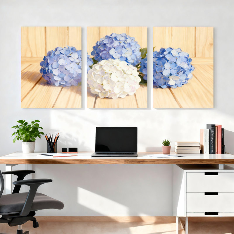 Tableau mural sur toile tendue à motif floral d'hortensias bleus et blancs (ensemble de 3), H 18 po x l 36 po