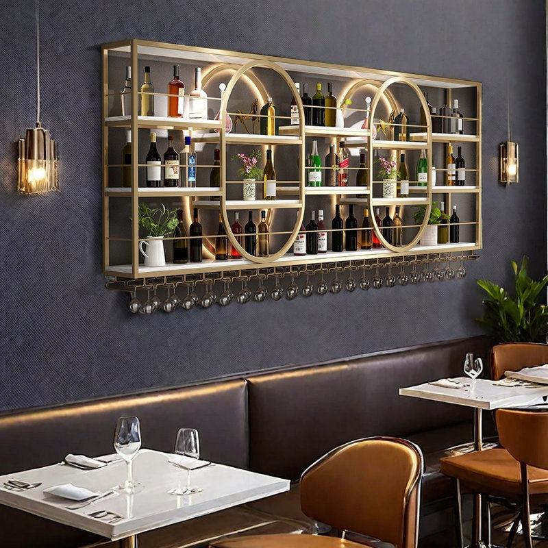 Support à vin léger mural rond de luxe, Doré, H 47,2 po x l 118,1 po x P 7,8 po