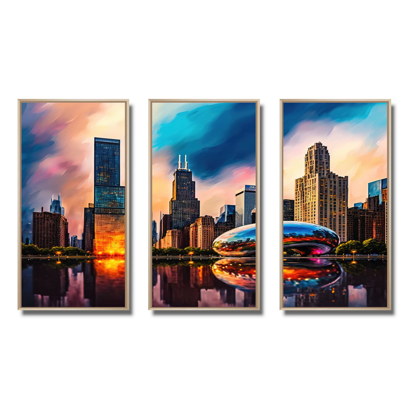 Chicago City Architecture II - 3 pièces sur toile, H 28 po x l 36 po x P 1 po, Cadre naturel flottant