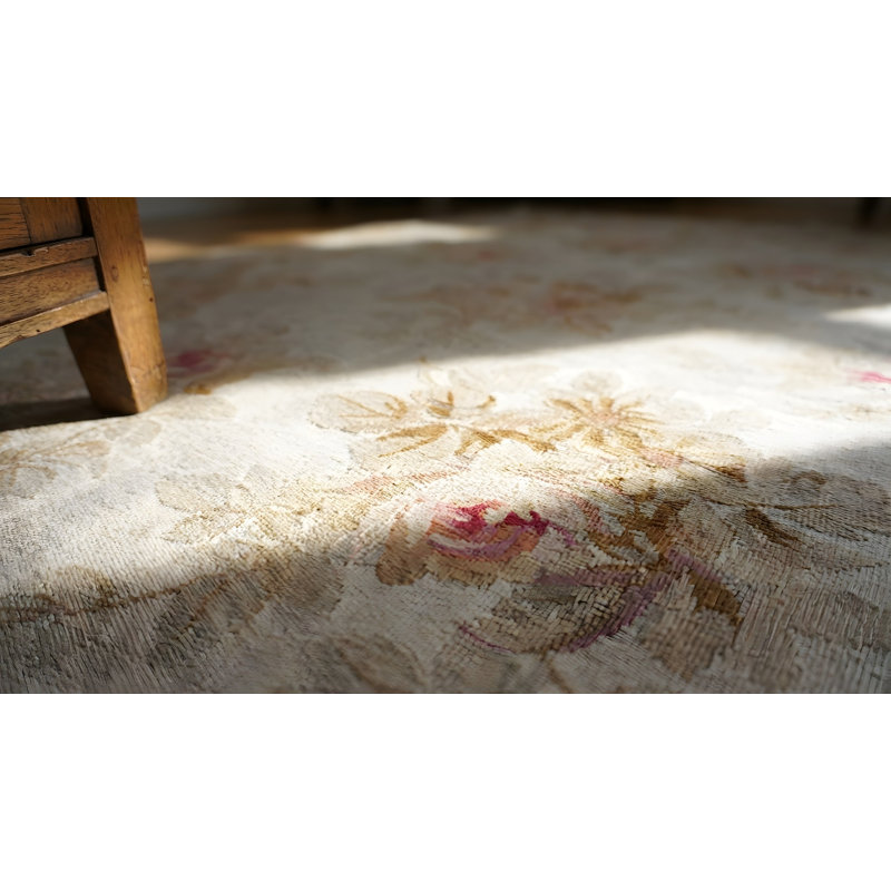 Light Cream Color Faded Floral Motif Antique Oval Room Size French Aubusson Rug