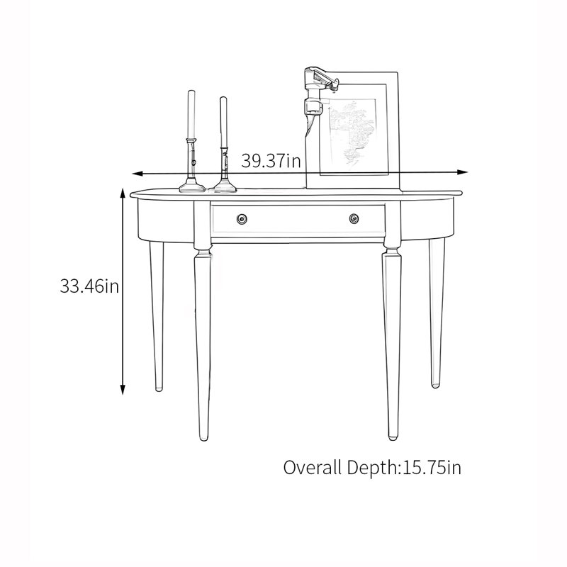 Console américaine à tiroir semi-circulaire, H 33,46 po x l 39,37 po x P 15,75 po