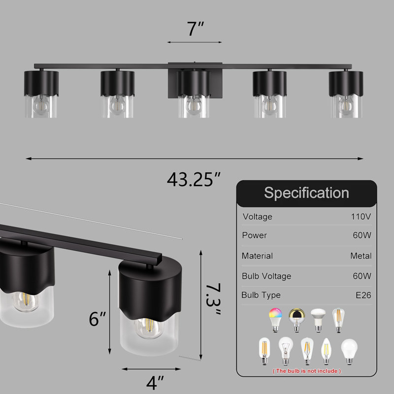 Éclairage pour meuble-lavabo en métal et verre Kailyn , 5 lumières, Noir mat