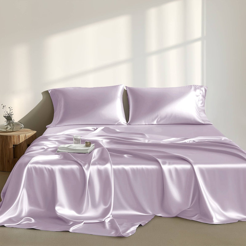 Satin Lilac 100% Satin Luxury Wrinkle Resistant 6-Piece King Sheet Set, Lilac, King Sheet Set + 4 Standard Pillowcases