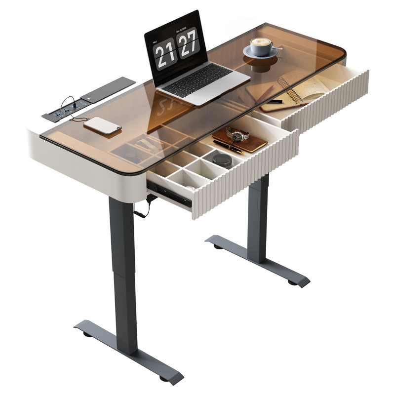 Standing desk with built-in outlet, glass top, Beige, 29.5" H x 50" W x 23" D