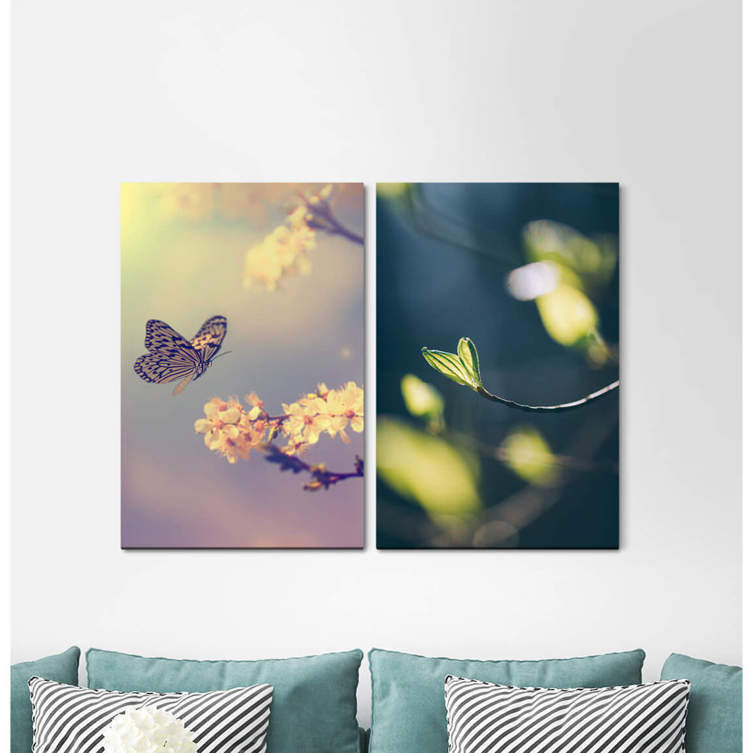 2-tlg. Leinwandbilder-Set - Grafikdruck „Butterfly Fruits Cherry Blossoms Buds Nature Tender Peaceful”