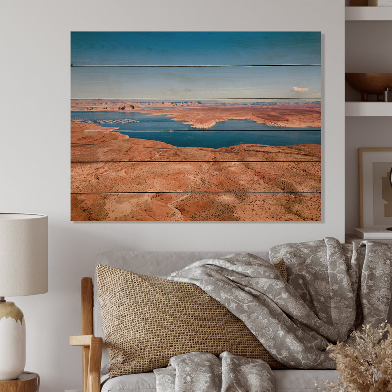 Vue aérienne du lac Powell sur bois, H 24 po x l 32 po x P 0,78 po