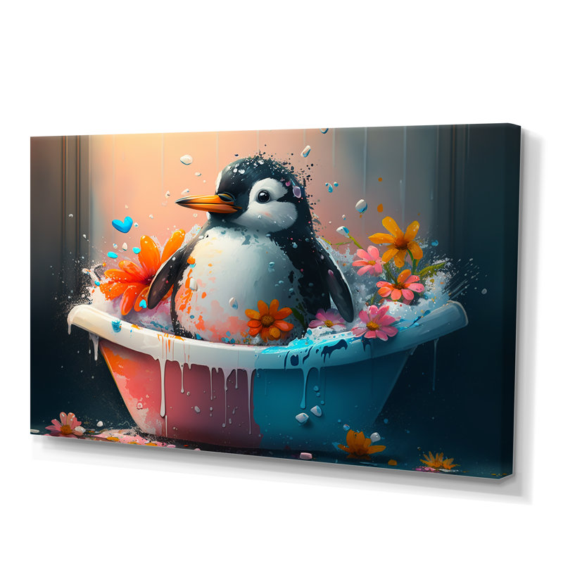 «Silly Penguin Bathing with Blooming Flowers II», reproduction sur toile tendue