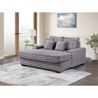 67"W Gray Corduroy Oversized Sofa Chaise Lounge With Cupholders And USB Charging Port