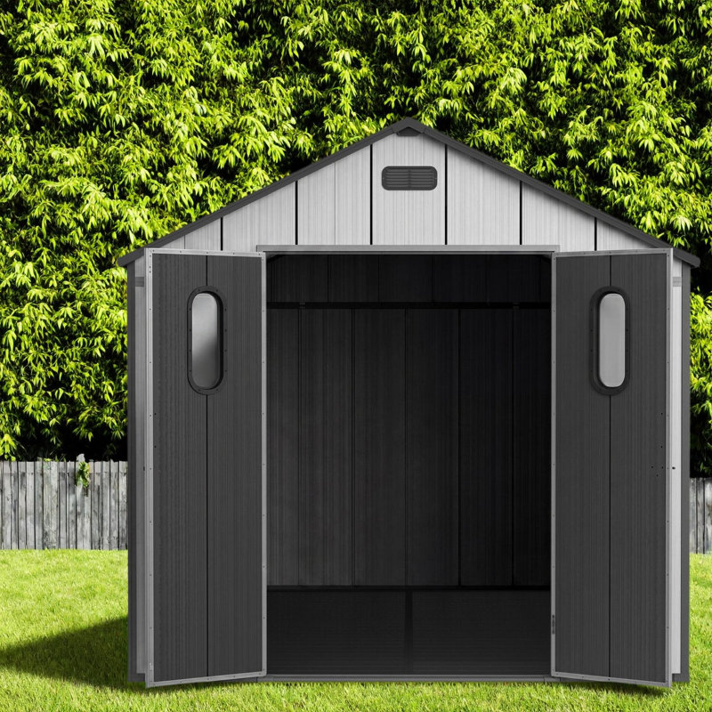 Abri de jardin spacieux de 2,4 x 4,9 m (8 x 16 pi), en résine et acier, de style moderne, idéal pour le rangement dans votre cour arrière.
