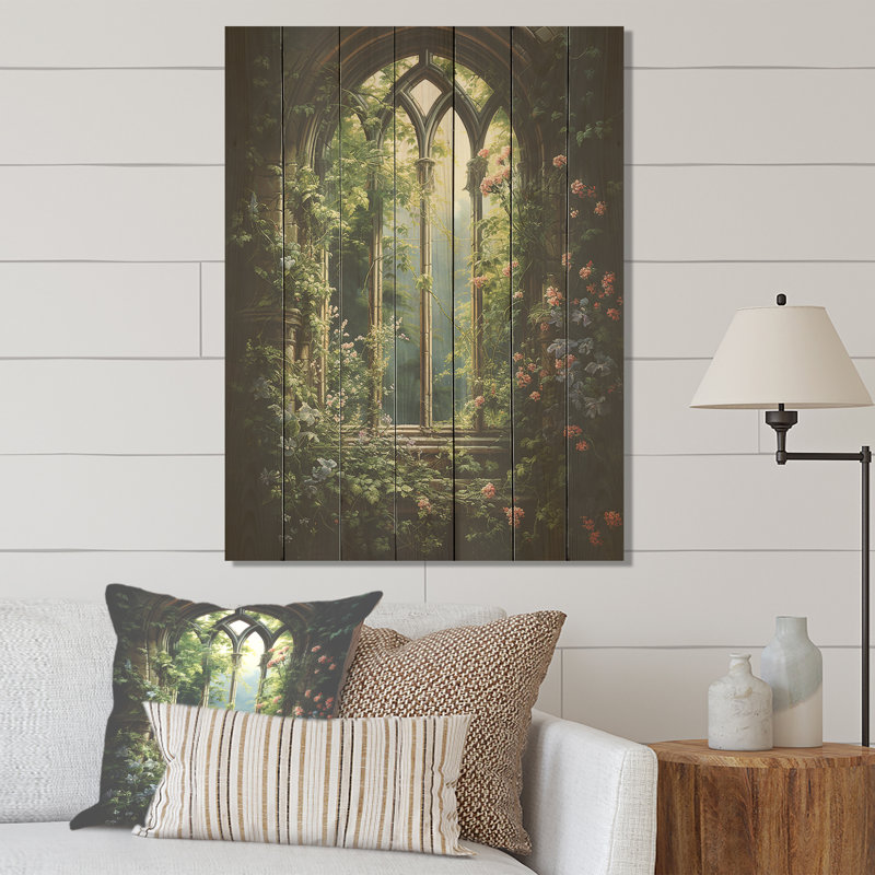 Vue florale d'églises florales gothiques - fenêtre florale sur bois, H 20 po x l 10 po