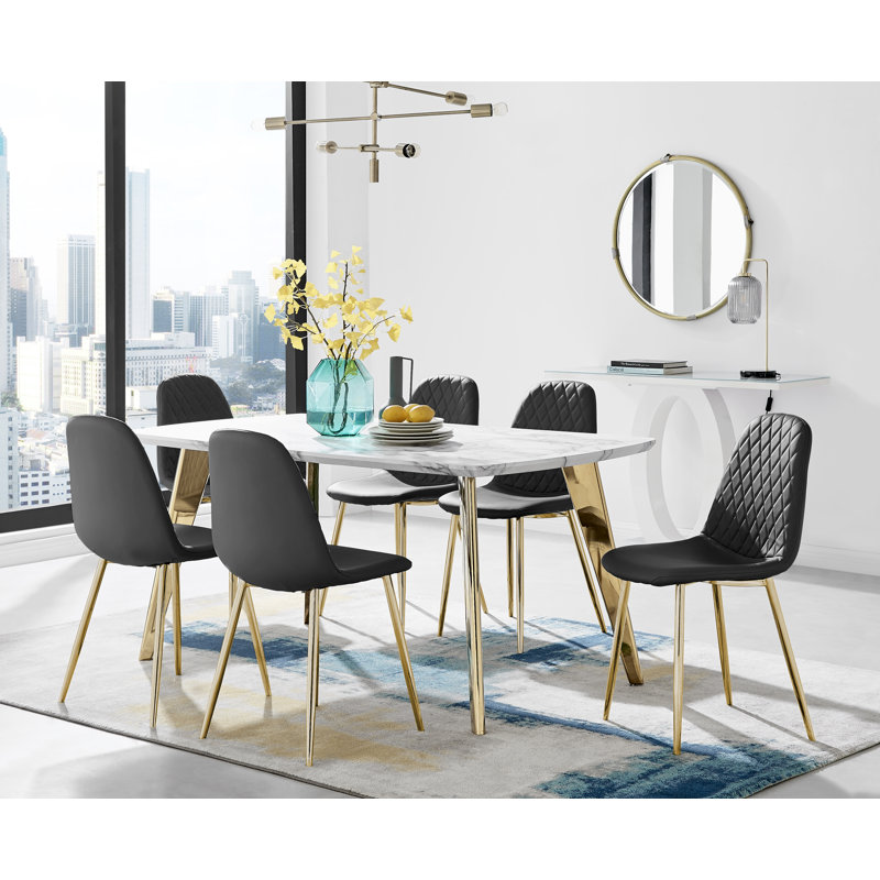 Anders Modern High Gloss Marble Effect Dining Table Set with 6 Luxury Faux Leather Dining Chairs, Gold, Black/Gold