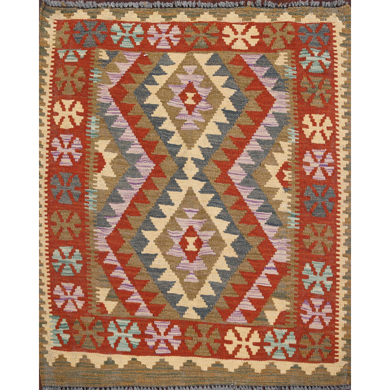 Tapis rouge/ivoire/gris en laine fait main kilim Carner